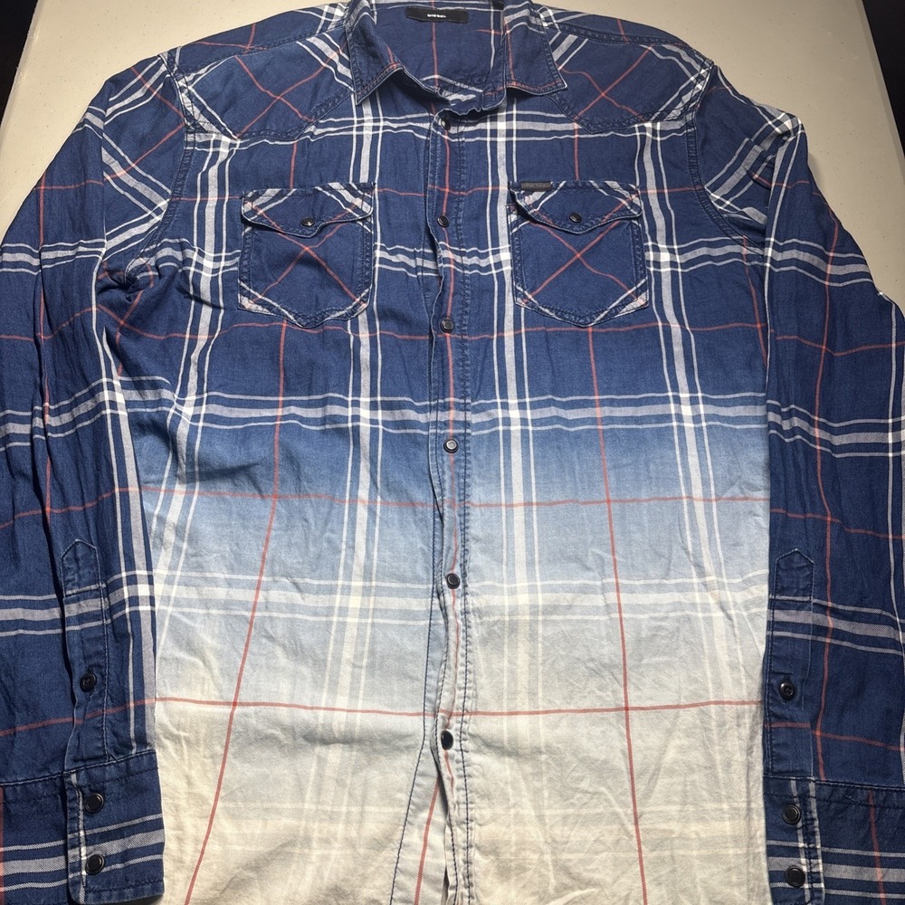 Diesel Y2K Gradient Pattern XL Snap Button Down Short Sleeve Shirt Blue White